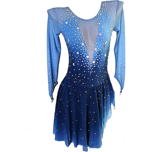 Eiskunstlaufkleid Damen Mädchen Eislaufen Kleid Blau Asymmetrischer Saum Netzstoff Hohe Elastizität Training Wettbewerb Eiskunstlaufkleidung Klassisch Kristall / Strass Langarm Eislaufen Eiskundstlauf Image