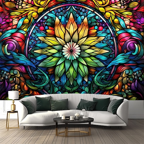 Buntglas-Mandala-Wandbehang, Wandteppich, Wandkunst, großer Wandteppich, Wanddekoration, Fotografie, Hintergrund, Decke, Vorhang, Zuhause, Schlafzimmer, Wohnzimmer, Dekoration Image