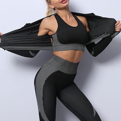 Per donna Collant e reggiseno sportivi Set di yoga 3 pezzi Color Block Set di abbigliamento atletico Completo tuta Nero Rosa Yoga Fitness Allenamento in palestra Vita alta Traspirante Morbido Manica