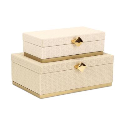 Rectangular Handcrafted Rattan Storage Boxes - 12" - White and Gold - Set of 2