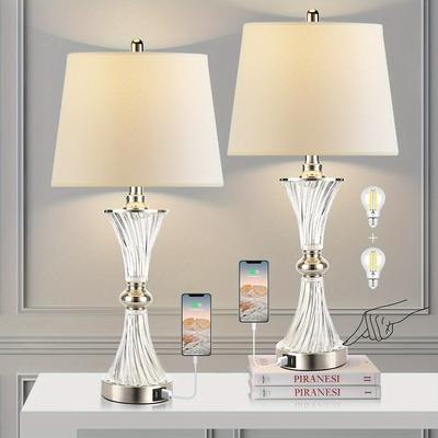 TEMU Table Lamp For Bedrooms 3 Way Dimmable White Drum Shade Modern Bedsides Nightstand Lamp Set Of 2 With 2 Usb Charging Port(bulbs Included)