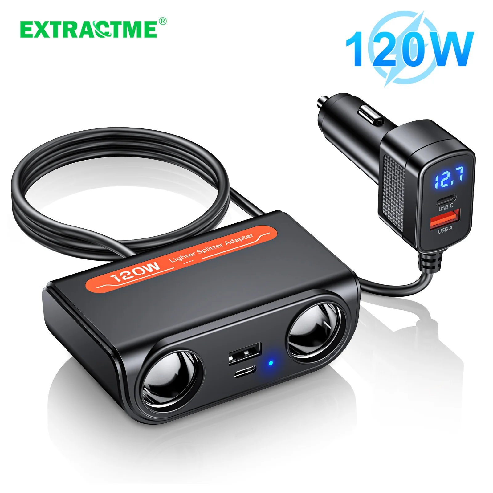 Extractme 3 in 1 Dual USB PD Buchse 120 W Auto Zigarettenanzünder Splitter 12 V 24 V Schnellladegerät Stecker Telefon Netzteil für Auto Image
