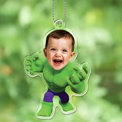 Personalized Photo Hanging Ornaments Custom Hulk Superhero Kid Face Acrylic 2D Christmas Tree Ornaments Hanging Car Pendant Gifts for Superhero Fans