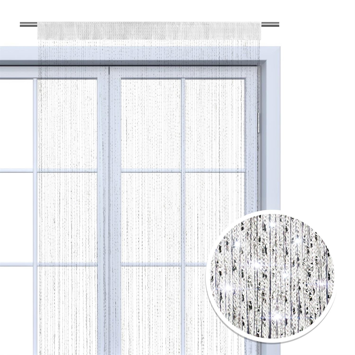 wometo Faden-Vorhang Glitzer-Vorhang 90x245 - weiß-silber glänzender Deko Schal OEKO-TEX transparent halbtransparent Weihnachten Image