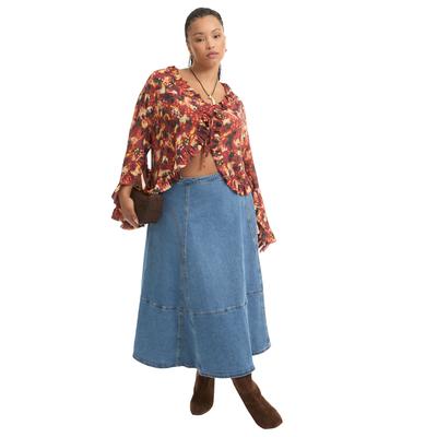 Plus Size Women's Fit-And-Flare Denim Midi Skirt by June+Vie in Vintage Medium Wash (Size 14 W)