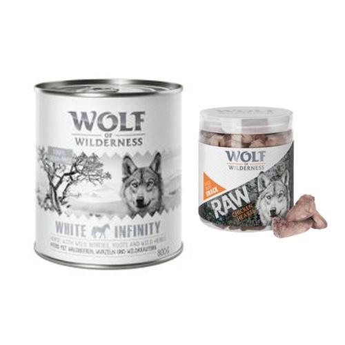 Wolf of Wilderness Kombi-Paket: 24 x 800 g Nassfutter + 4 x 70 g RAW Snacks - Wild Hills - Ente +...