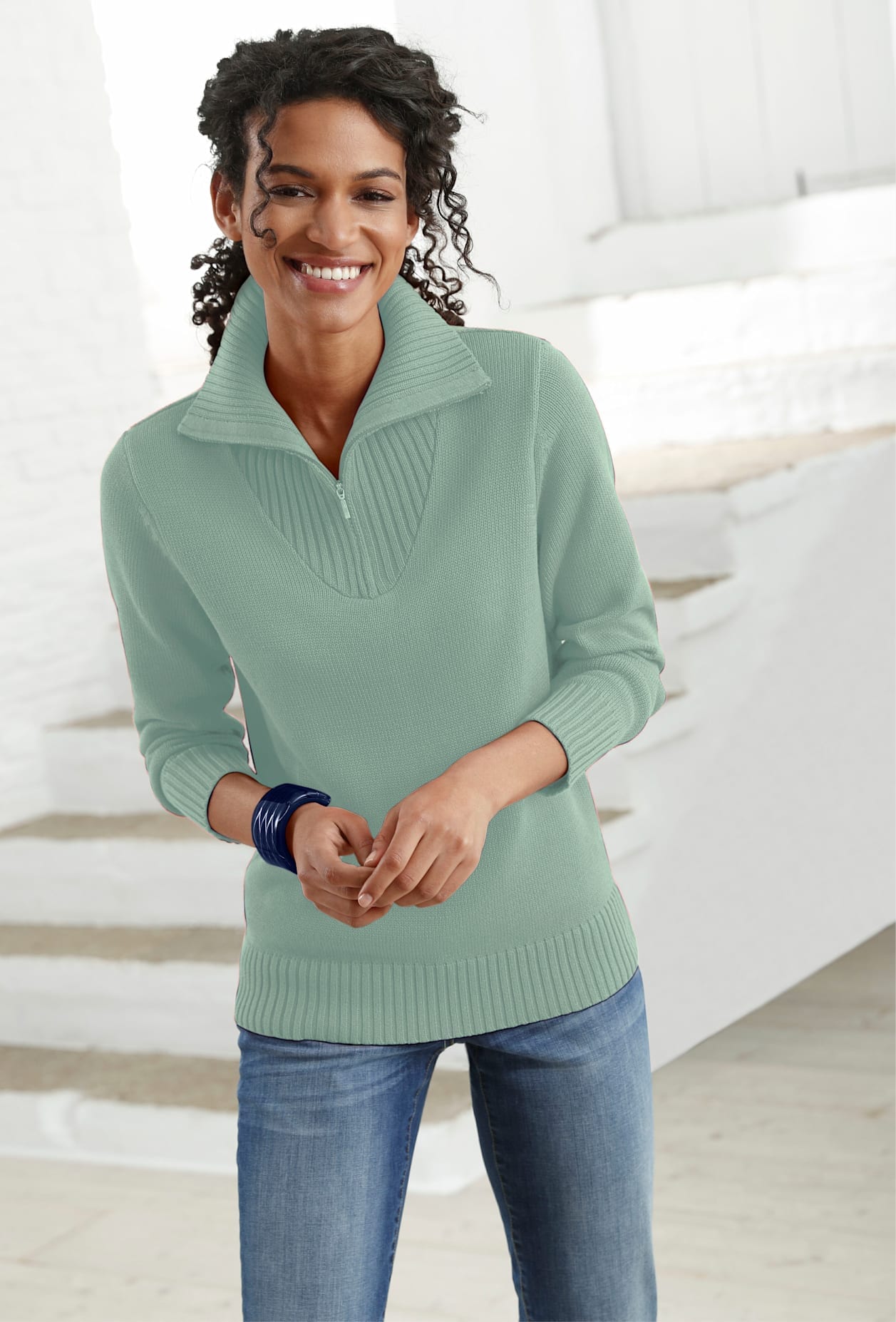 Troyer CASUAL LOOKS "Pullover", Damen, Gr. 50, grün (kalkmint), 50% Baumwolle, 50% Polyacryl, meliert, unifarben, figurumspielend, Pullover Troyer, Topseller