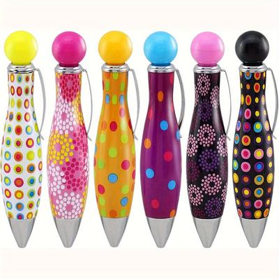 TEMU 6-pack Extra Fine Point Ballpoint Pens With Pocket Clip, Plastic Twist-closure Round Body Pens For Adults - Vibrant Polka Image