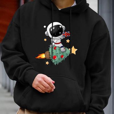 TEMU Men's Casual Christmas Astronaut Graphic Hoodie - Polyester Knit Fabric, Long Sleeve Hooded Sweatshirt, Fall/winter Outdoor Hiking Pullover With Pocket - Stretch, Weekend Casual Fit Image