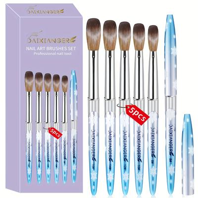 TEMU 5pcs Acrylic Nail Brush Set With Snowflake Design - Premium Kolinsky Bristles For Precision Application, Includes Sizes 8, 10, 12, 14, 16 For Detailed Carving & Extensions Image