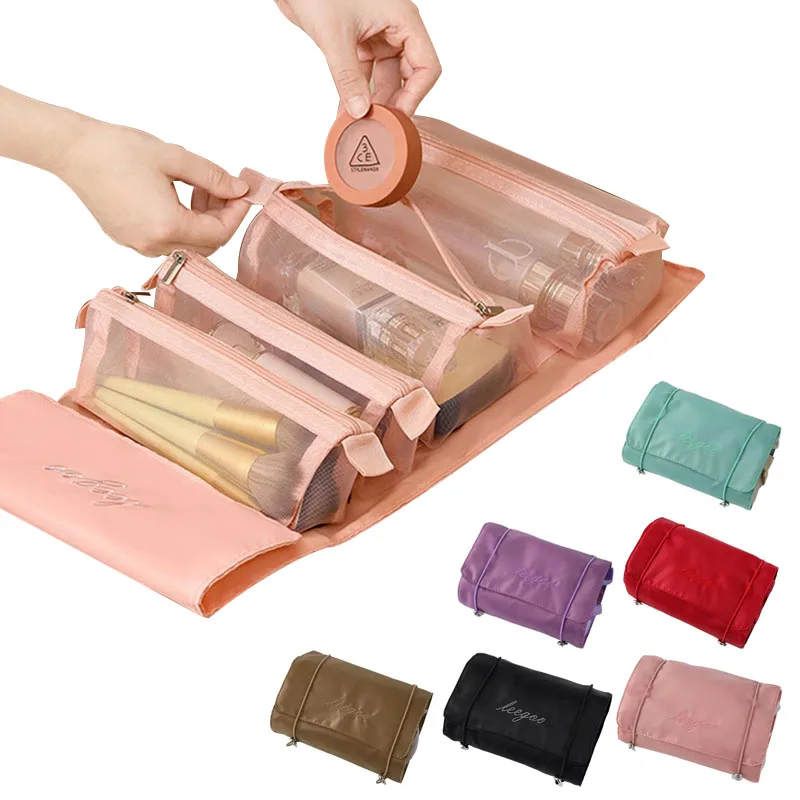 NUOVA borsa per il trucco per le donne Borse portaoggetti pieghevoli staccabili in rete di nylon 4 in 1 Borsa da toilette cosmetica da viaggio portatile di grande capacità