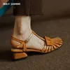 2025 neue flache Rom dicke Med Heels Schuhe Schnalle Riemen echtes Leder Sandalen Frauen Damen Schuhe Leder Gladiator Sandalen