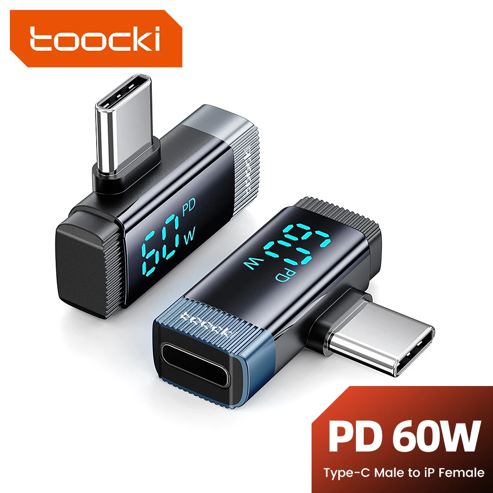 Toocki 90-Grad-Blitz auf Typ-C-Adapter, OTG-Anschluss, Digitalanzeige, PD 60 W, Schnellladung für iPhone 16 15 Lightning auf USBC Image