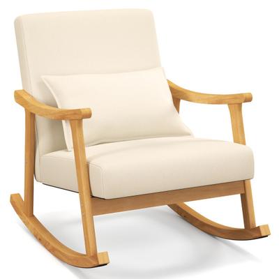 Costway Upholstered Rocking Chair with Pillow and Rubber Wood Frame-Beige