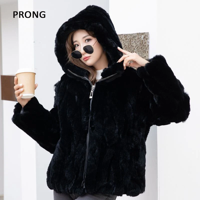 100% réel manteau de fourrure de lapin femmes hiver ample à capuche fermeture éclair veste de fourrure naturelle épais chaud femme vêtements femme fourrure vêtements d