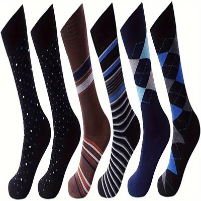 TEMU 6pcs Men's Modal Dress Socks - Odor Resistant, Cotton Crew Socks With Geometric Patterns For Business And Casual Wear