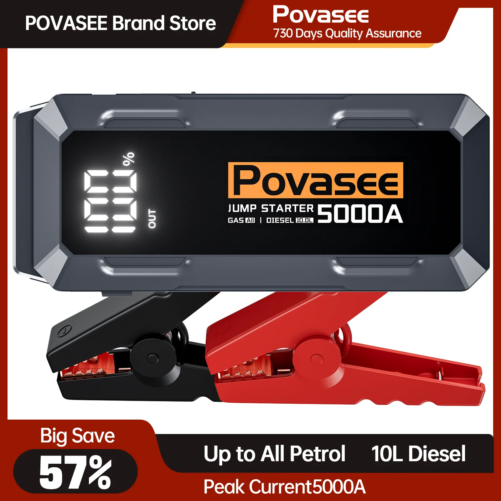 POVASEE Auto-Starthilfe, Powerbank, 5000 A, Starthilfe für bis zu allen Gas oder 10 l Diesel mit LCD-Display, USB-Ausgängen für 12-V-Fahrzeuge Image