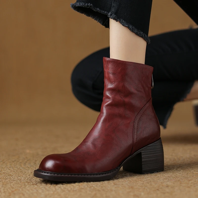 Größe 34–40, neue Stiefeletten aus echtem Leder für Damen, Schuhe, klobige High-Heels-Stiefel, modische 2025, Herbst-Winter-Schuhe für Damen