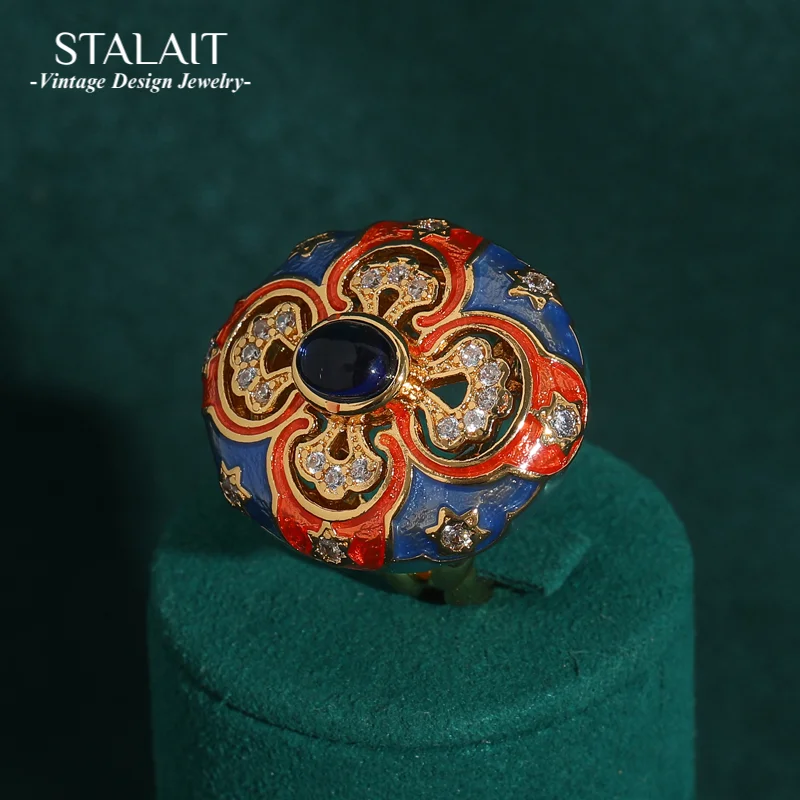 Verstellbarer Vintage-Emaille-Ring, 18 Karat vergoldet, floraler Edelstein, luxuriöser Damenschmuck Image