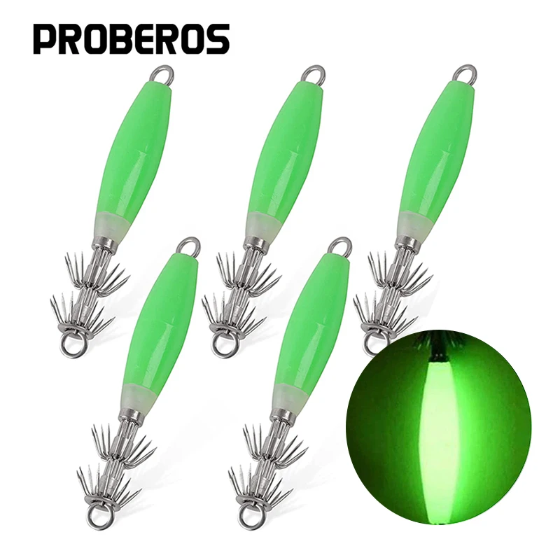 PRO BEROS 5 Stück Angelköder, leuchtende Garnelen, Tintenfisch, Jig-Haken, Kunstköder, Oktopus, Tintenfisch, Garnelen, Salzwasser, harter Köder Image