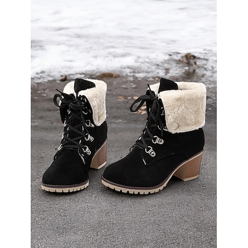 Rote Wildleder-Schnürstiefeletten für Damen mit Kunstfellkragen und Blockabsatz – warme und stylische Winterstiefel für draußen Image