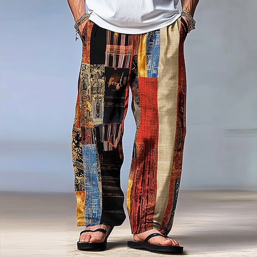 Herren Farbblock Patchwork Hosen Hose Mittlere Taille Kordelzug Elastischer Bund Hawaiianisch Lässig Outdoor Party-Abendmode Ferien Gerade Hosen Sommer Frühling Herbst 3D-Druck Rote Blau Grün Image