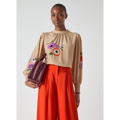 Fleur Nude Silk Placement Floral Motif Blouse Brown, Brown