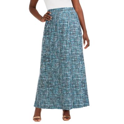 Plus Size Women's Stretch Knit Maxi Skirt by The London Collection in Deep Teal Abstract (Size 30/32) Wrinkle Resistant Pull-On Stretch Knit