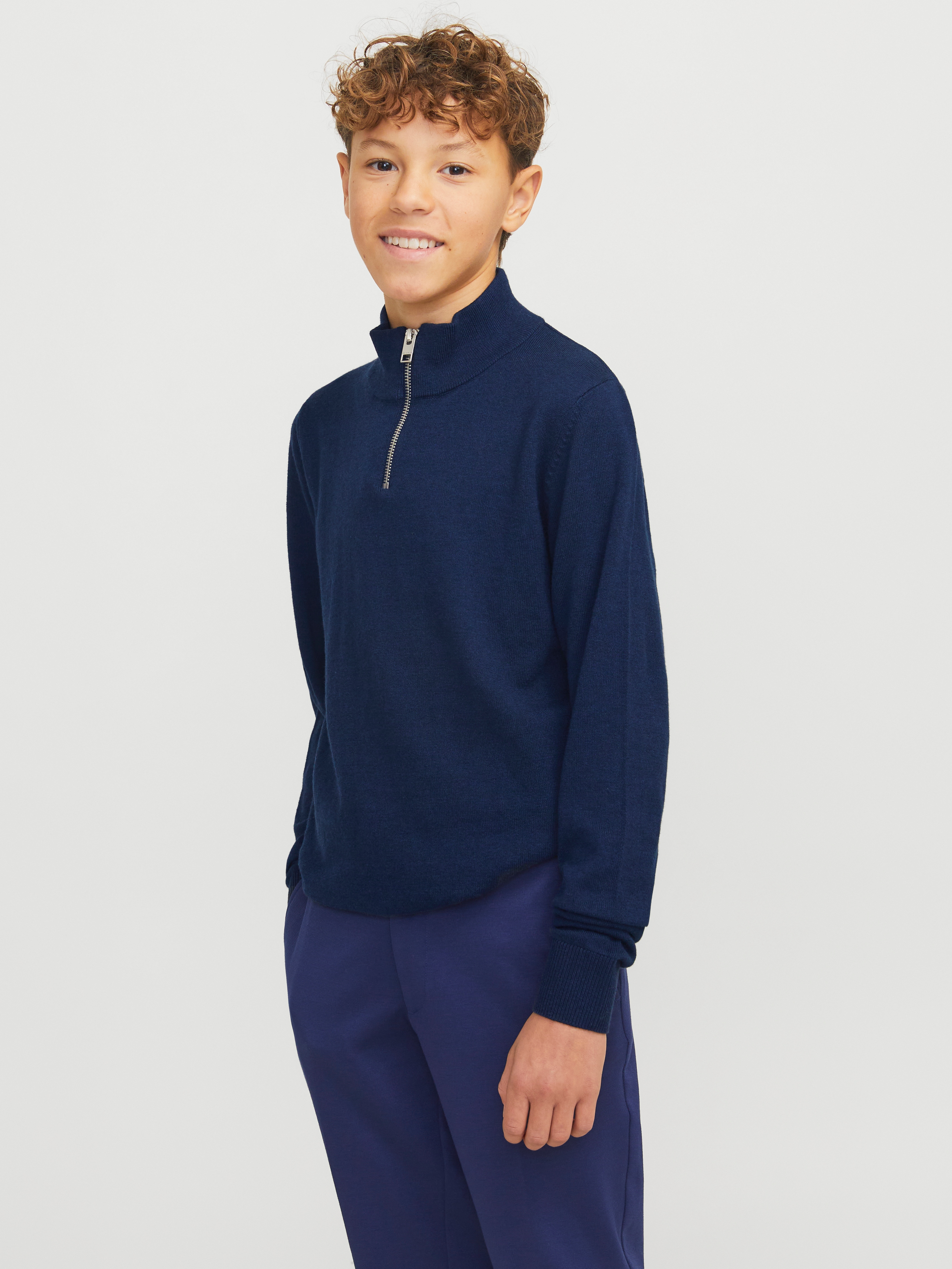 Troyer JACK & JONES JUNIOR "JJEEMIL KNIT HALF ZIP NOOS JNR", Jungen, Gr. 128, blau (navy blazer), Strick, Obermaterial: 60% Baumwolle, 20% Nylon, 20% Viskose, unifarben, regular fit, Rippbündchen, Pullover Image