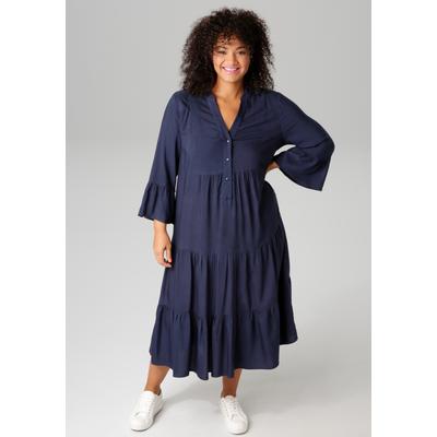 Midikleid ANISTON PLUS, Damen, Gr. 46, N-Gr, blau (marine), Web, Obermaterial: 100% Viskose, unifarben, modisch, lässig geschnitten wadenlang, V-Ausschnitt, 3/4-Ärmel Volant, Kleider, In trendigen Farben Image