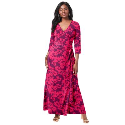 Plus Size Women's Stretch Knit Faux Wrap Maxi Dress by The London Collection in Pink Burst Graphic Floral (Size 30 W)