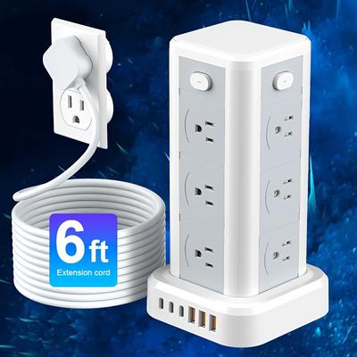 TEMU New Standing //socket, With 12 Ac Sockets, 4 Switches, 3 Usb-a And 3 Type-c , 2 Meters/6 Feet Extension Cord And Protector, Suitable For Home, Office, Kitchen, Garage And Dormitory