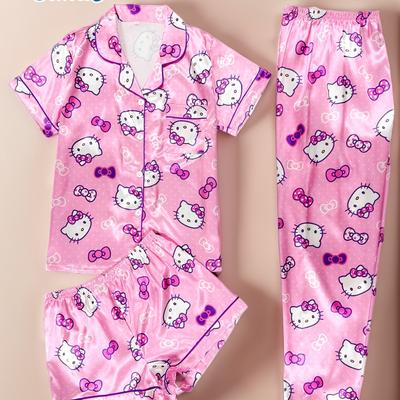 TEMU Hello Kitty Youth Pajama Set, Three-piece Set With Turned-up Collar Button- Cardigan Top And Long Pants + Shorts Home Clothes