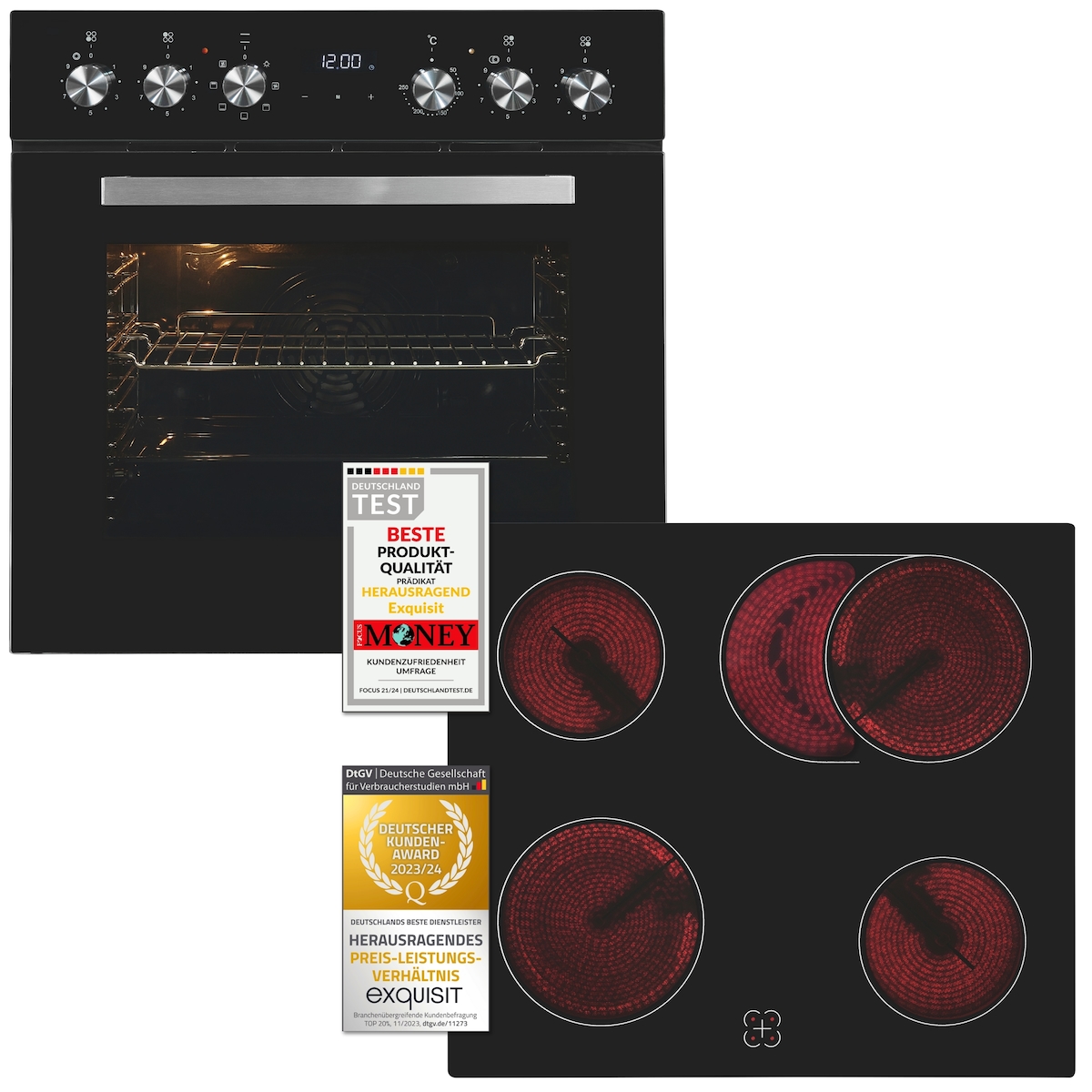 Exquisit Einbauherdset EHE157-UBZ-020-Set schwarz | 59 l Garraumvolumen | 7 Backprogramme | Kochfeld mit Rahmen | Grill | Umluft | Energieklasse A Image