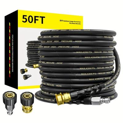 TEMU Pressure Washer Hose 50 Ft With 3/8 Inch Quick Connect, Kink Resistant High Tensile Wire Braided, With 2 Pcs M22 14mm Adapter Set, 4200 Psi Power Washer Hose