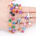 Collier de prière chapelet religieux pour femmes, pendentif croix vierge marie INRI, chaîne de perles acryliques colorées, bijoux de fête chrétienne