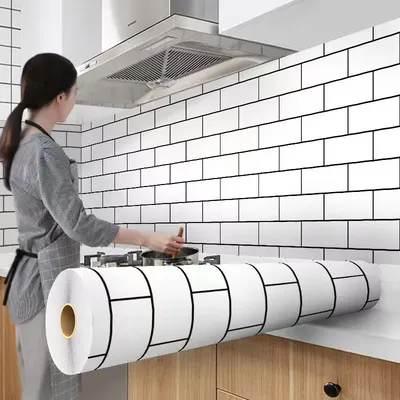Tapetenaufkleber, Wandaufkleber, hohe Temperaturbeständigkeit, weiße Ziegelstein-Tapete für die Küche, wasserdicht und ölbeständig, 40 cm Image