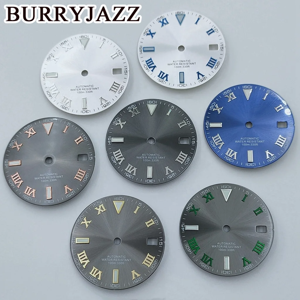 BURRYJAZZ 28,5 mm NH35-Uhrenzifferblätter ohne Logo, silbergrau, blaues Zifferblatt, grün leuchtend, passend für 3-Uhr-Gehäuse, Krone Image
