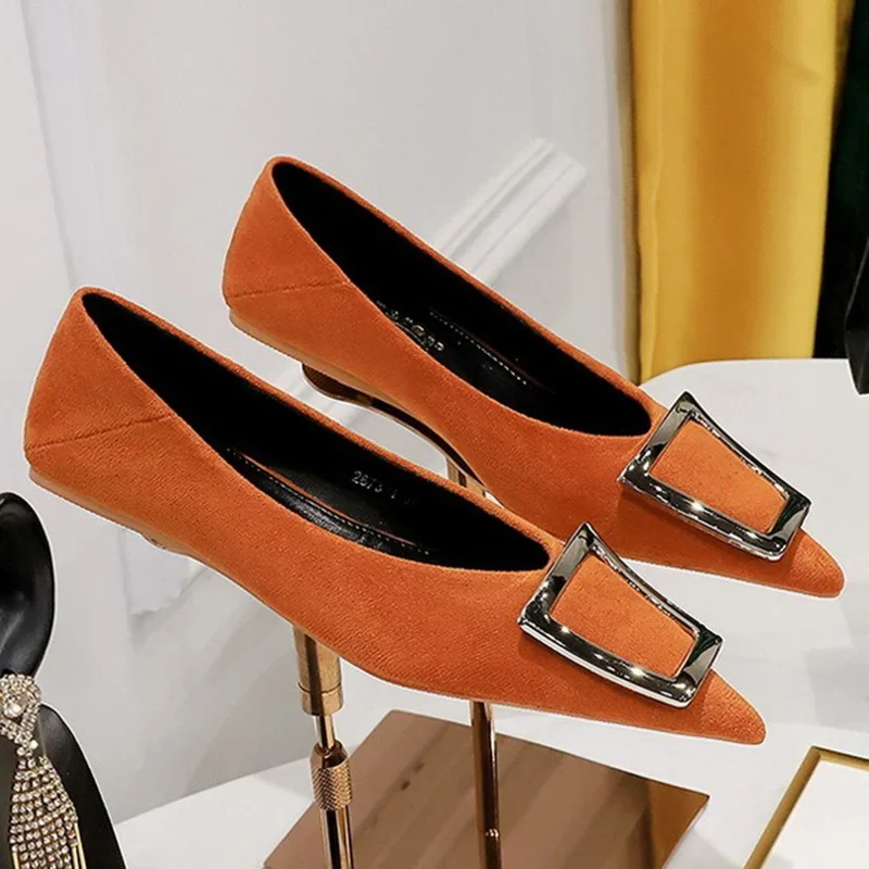 2024 Women 1cm Low Heels Velvet Beige Flats Female Glitter Metal Buckle Pointed Toe Low Heels Lady Versatile Office Daily Shoes