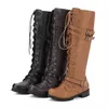 Frauen kniehohe Stiefel Herbst Winter schnüren flache Schuhe sexy Steampunk Pu Retro Schnalle mittelalter liche Schuhe Damen Schneeschuhe