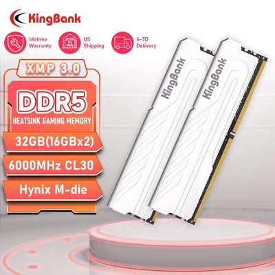KingBank DDR5 32GB(2x16GB) 6000MT/s CL36 1.35V Overclocking XMP 3.0 & AMD Expo with Heatsink for PC