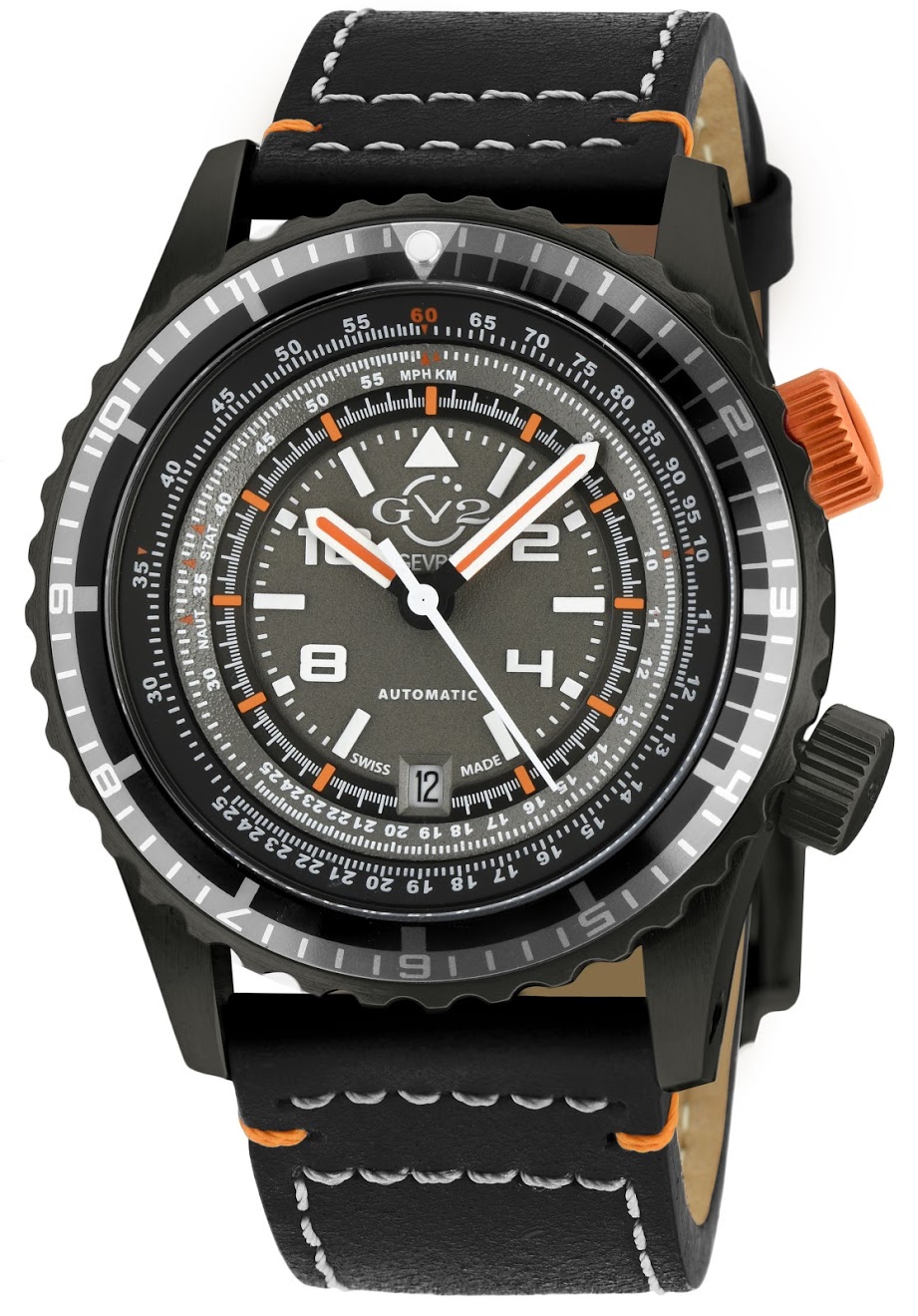 Gv2 Contasecondi Mens Grey/orange Dial Black Calfskin Leather Watch - One Size | Gv2 Sale | Discount Designer Brands