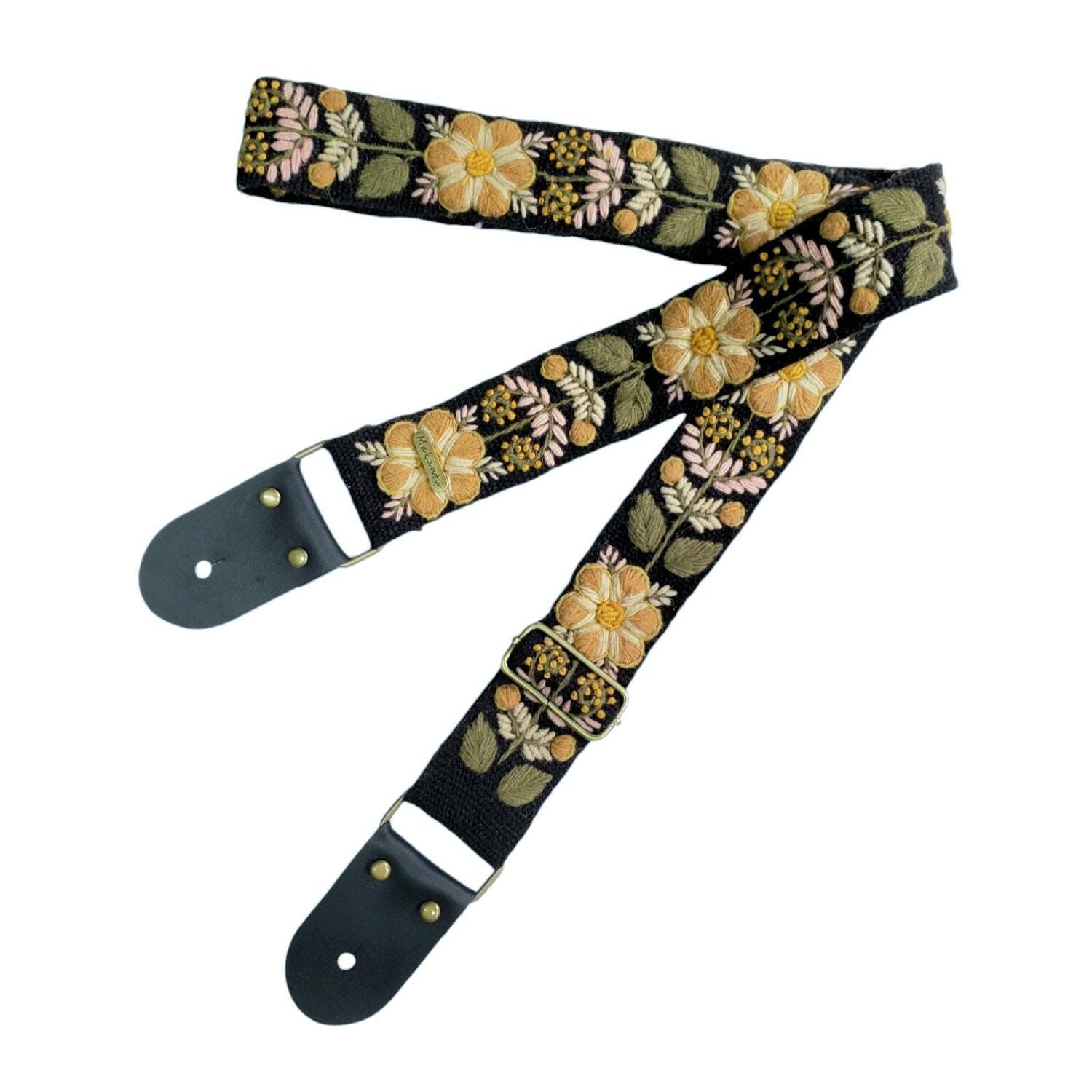 Tracolla per chitarra NERA con fiori beige, tracolla regolabile, ricamo fatto a mano, estremità in pelle, regalo per chitarrista, peruviana, etnica