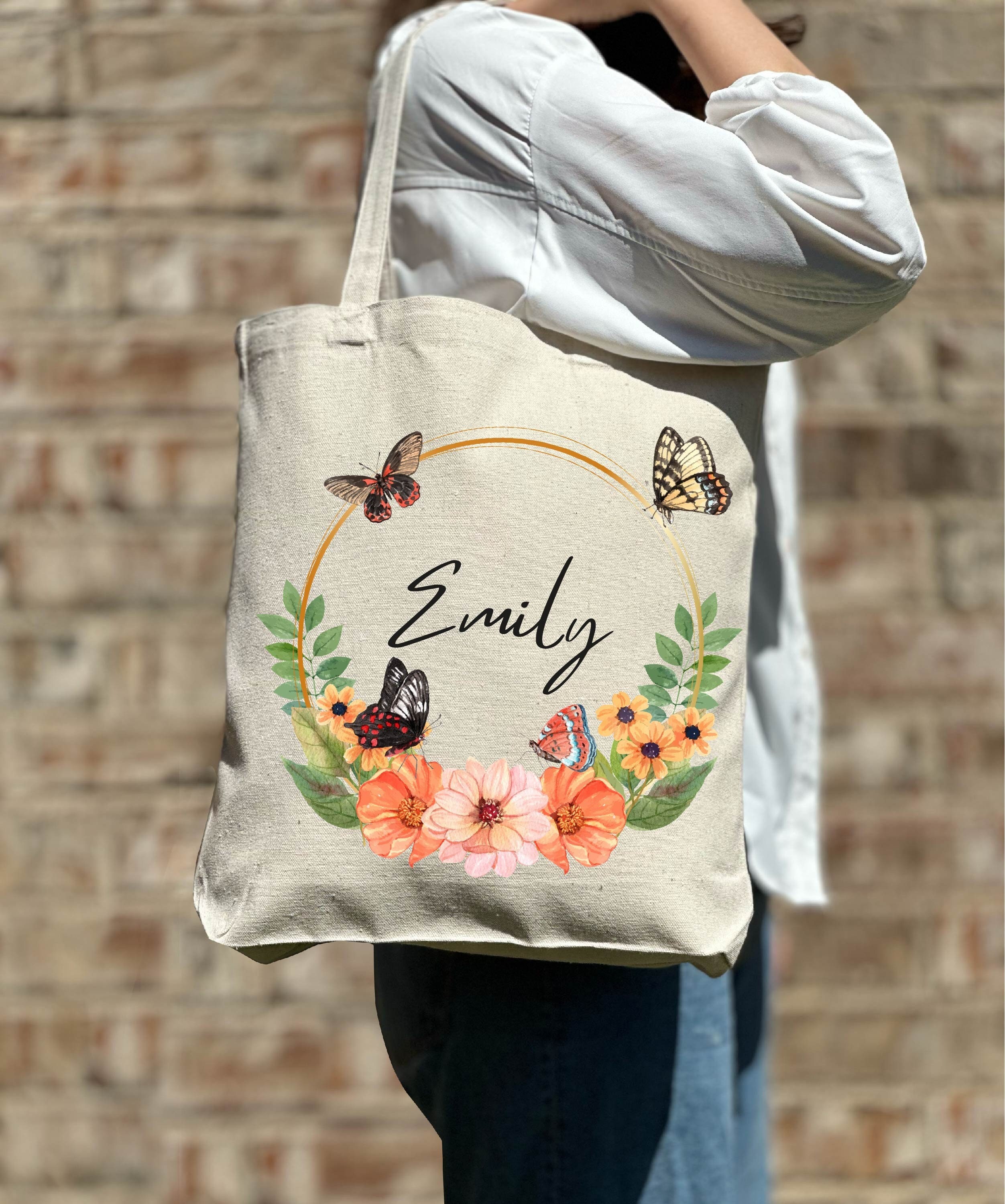 Borsa tote floreale personalizzata, borsa regalo personalizzata, borsa tote regalo di compleanno, borsa tote a farfalla, borsa tote da damigella d'ono