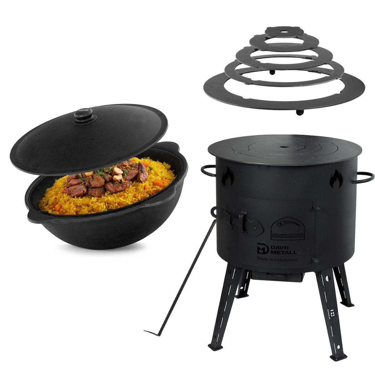 4BIG.fun Utschak Feuerofen Ø44 cm 2 mm Stahl Adapter-Ringe 16L Kazan Usbekisch Uchag Kasan Campingofen Außenküche Eintopfofen Image