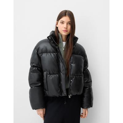 Bershka Faux Leather Puffer Jacket Women 10-12 Black