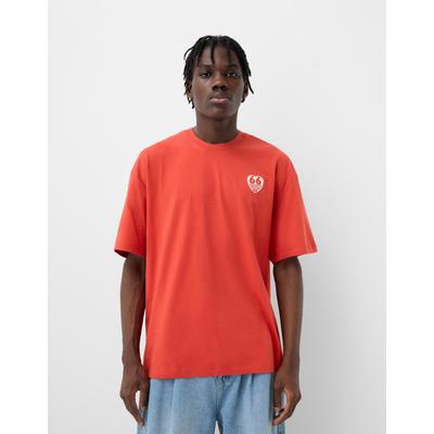 Bershka Short Sleeve Relaxed Fit T-Shirt With Embroidery Men Xl Red