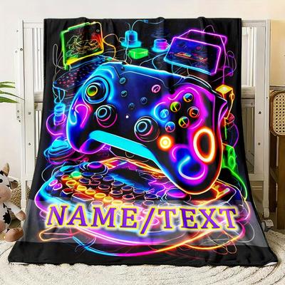 TEMU Customizable Gamer's Flannel Blanket With Vibrant Neon Gamepad Design - Soft, Warm & Lightweight | Ideal For Sofa, Bedroom, Office, Camping & Travel | Perfect Personalized Gift For Image