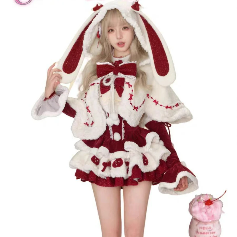Winter Weihnachten Lolita 3-teiliges Set Damen Kawaii Plüsch Hase Ohr Kapuzenmantel Mantel Schleife Minikleider Koreanischer Stil Y2k Süßer Anzug Image