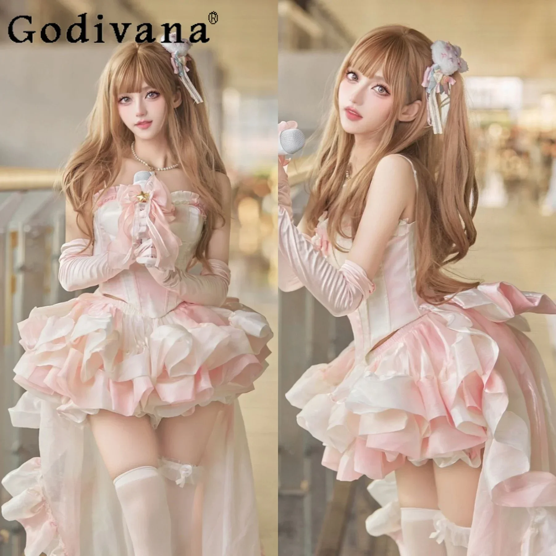 Damen-Lolita-Rosa-Kleid, süß, schmal, elegant, ärmellos, mit langem, trägerlosem Prinzessinnenkleid, Rock und Oberteil, zweiteiliges Set